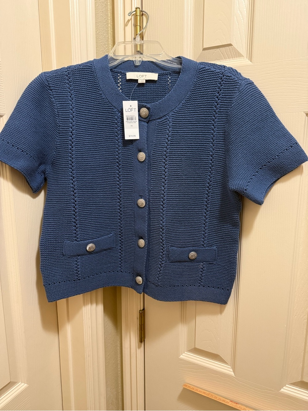LOFT Blue Short-Sleeve Knit Button Cardigan